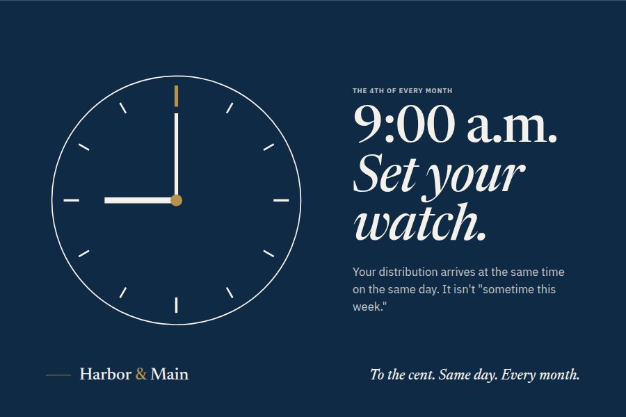 Harbor & Main owner graphic. 9:00 a.m. on the 4th: Set your watch.