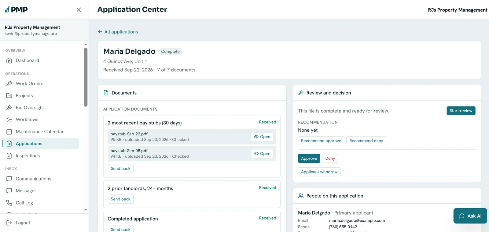 PMP Application Center showing a complete application with documents received and review and decision actions