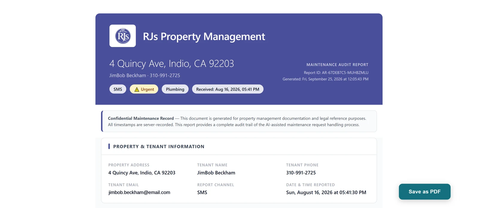 Maintenance audit report under the property manager’s own brand: RJs Property Management logo and name, the property, tenant, urgency, category and received time, with a Save as PDF button