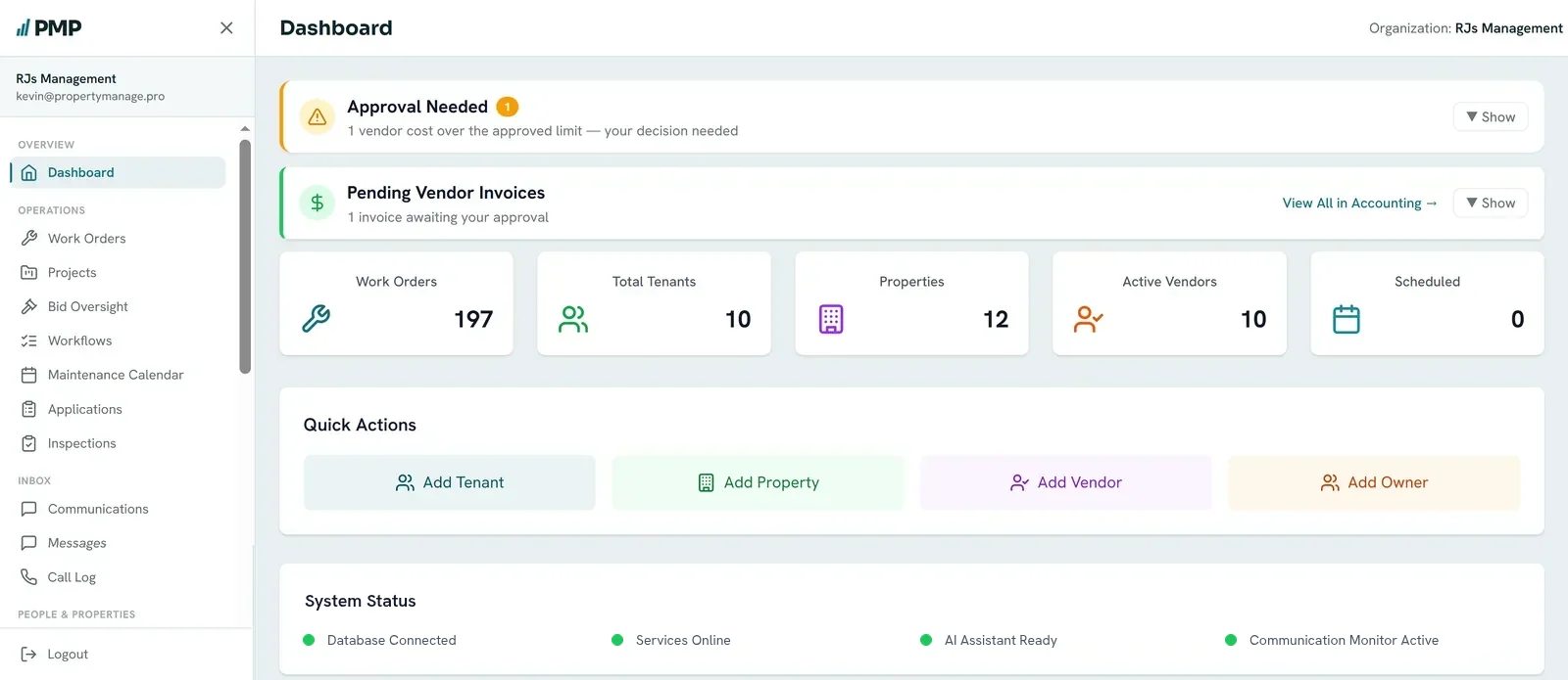 PMP dashboard showing an approval needed for a vendor cost over the approved limit, a pending vendor invoice, and counts of work orders, tenants, properties, vendors and scheduled jobs