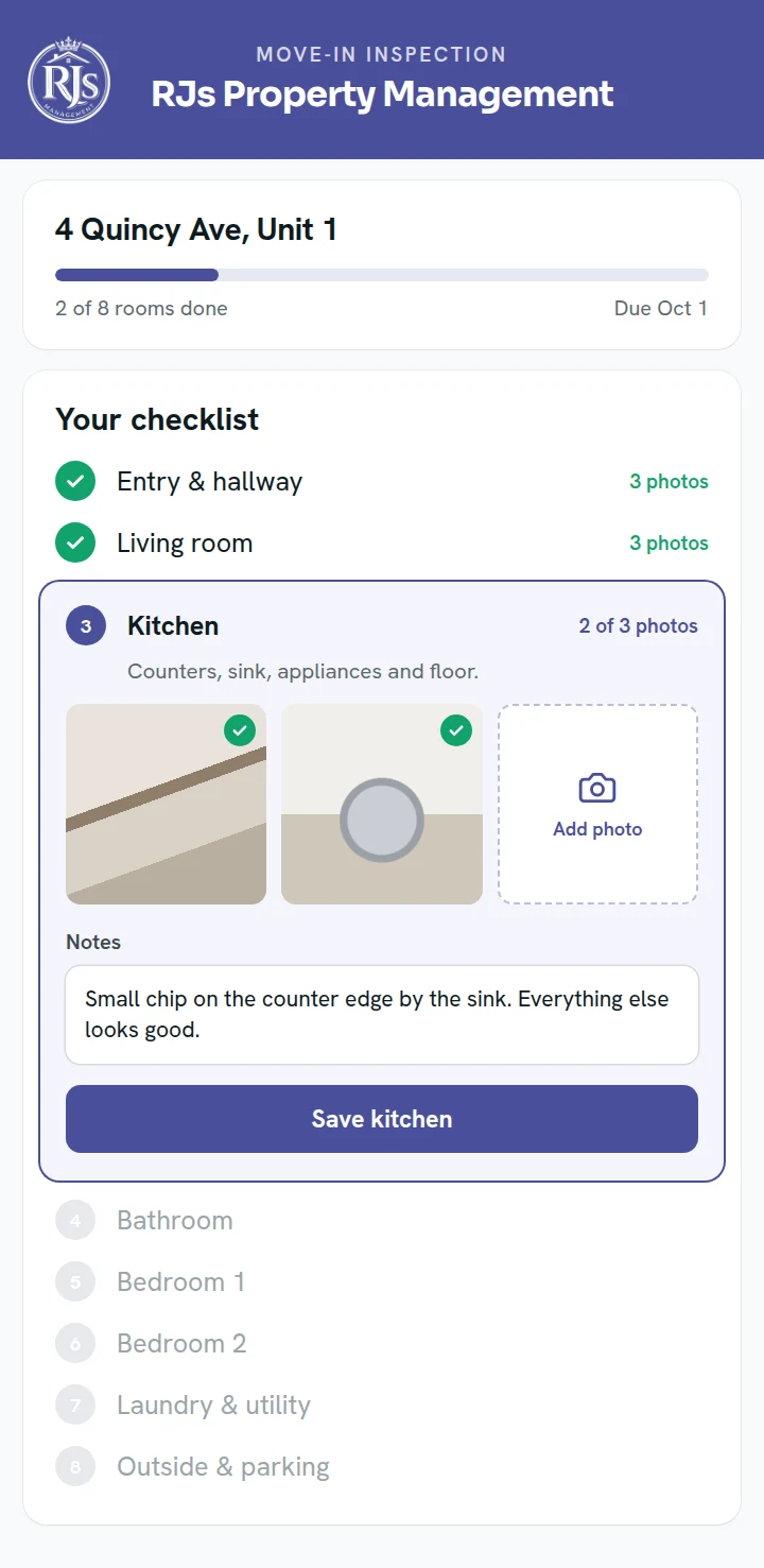 RJs Property Management move-in inspection on a phone, with the kitchen open for three photos and notes