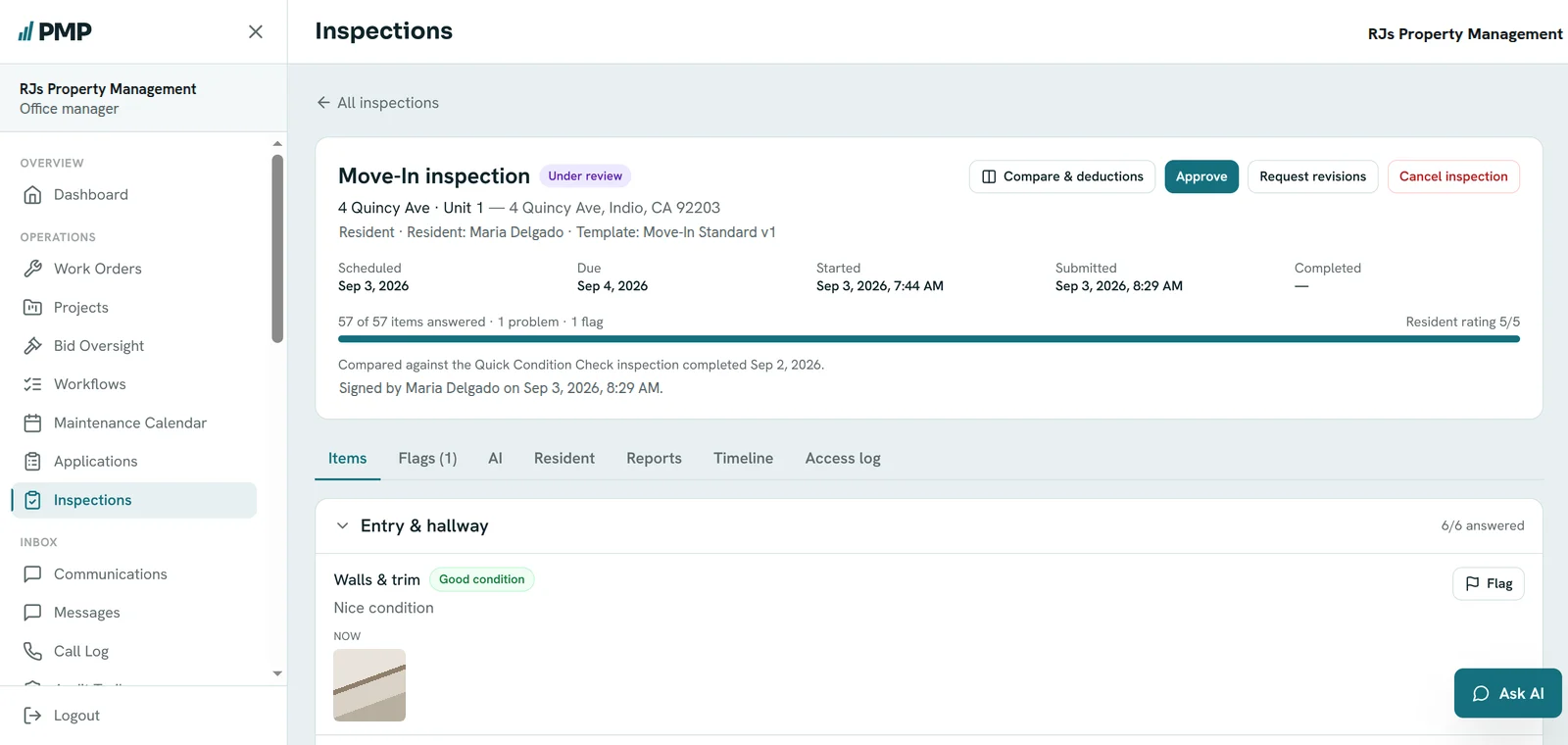 A move-in inspection under review in PMP, with all 57 items answered and approve or request-revisions actions