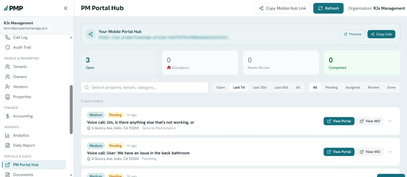 PMP PM Portal Hub: a shareable mobile hub link, counts of open, emergency, needs review and completed work orders, and a filterable list of work orders with View Portal and View WO buttons