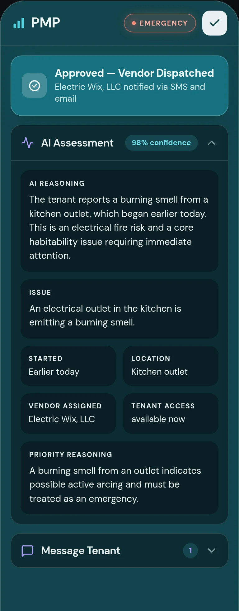 PMP work order portal showing the AI assessment of a burning smell from a kitchen outlet, flagged as an emergency with 98% confidence and its reasoning
