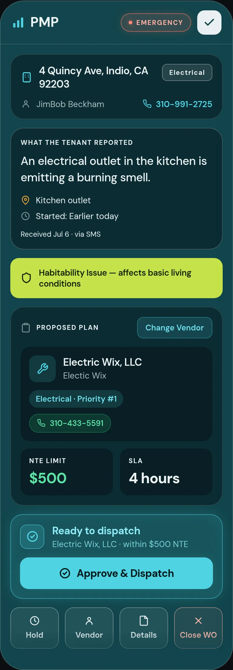 PMP work order portal with a proposed plan: Electric Wix, LLC, a $500 not-to-exceed limit, a 4-hour SLA and an Approve and Dispatch button
