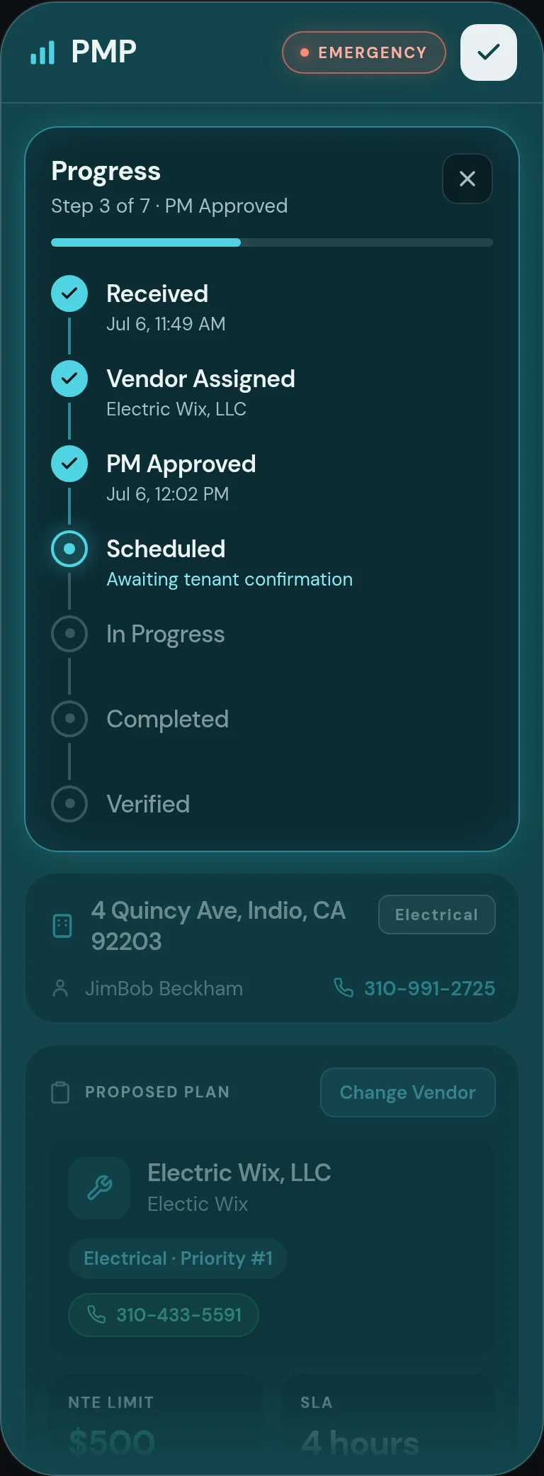 Work order progress tracker at step 3 of 7: received, vendor assigned and PM approved are complete, and scheduling is awaiting tenant confirmation