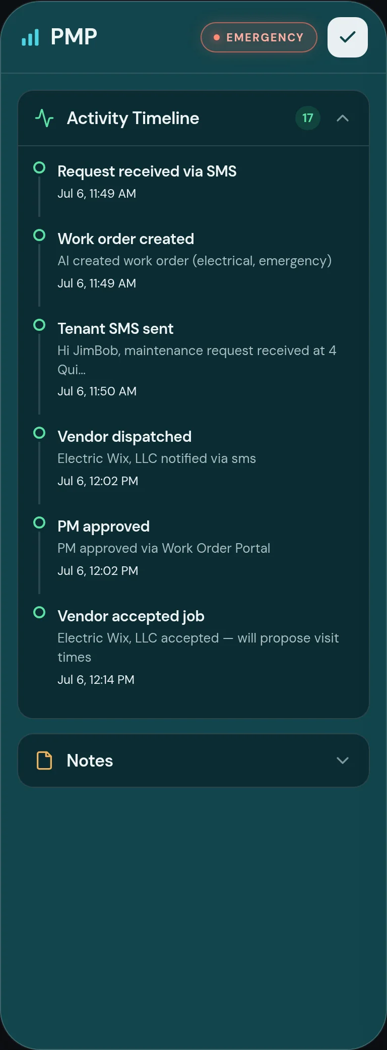 Work order activity timeline listing each step with a timestamp: request received via SMS, work order created, tenant SMS sent, vendor dispatched, PM approved and vendor accepted