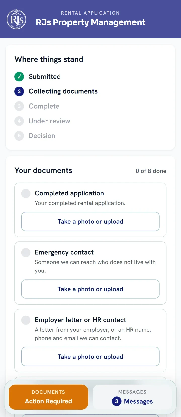 RJs Property Management rental application on a phone, showing application progress and a checklist of documents to upload