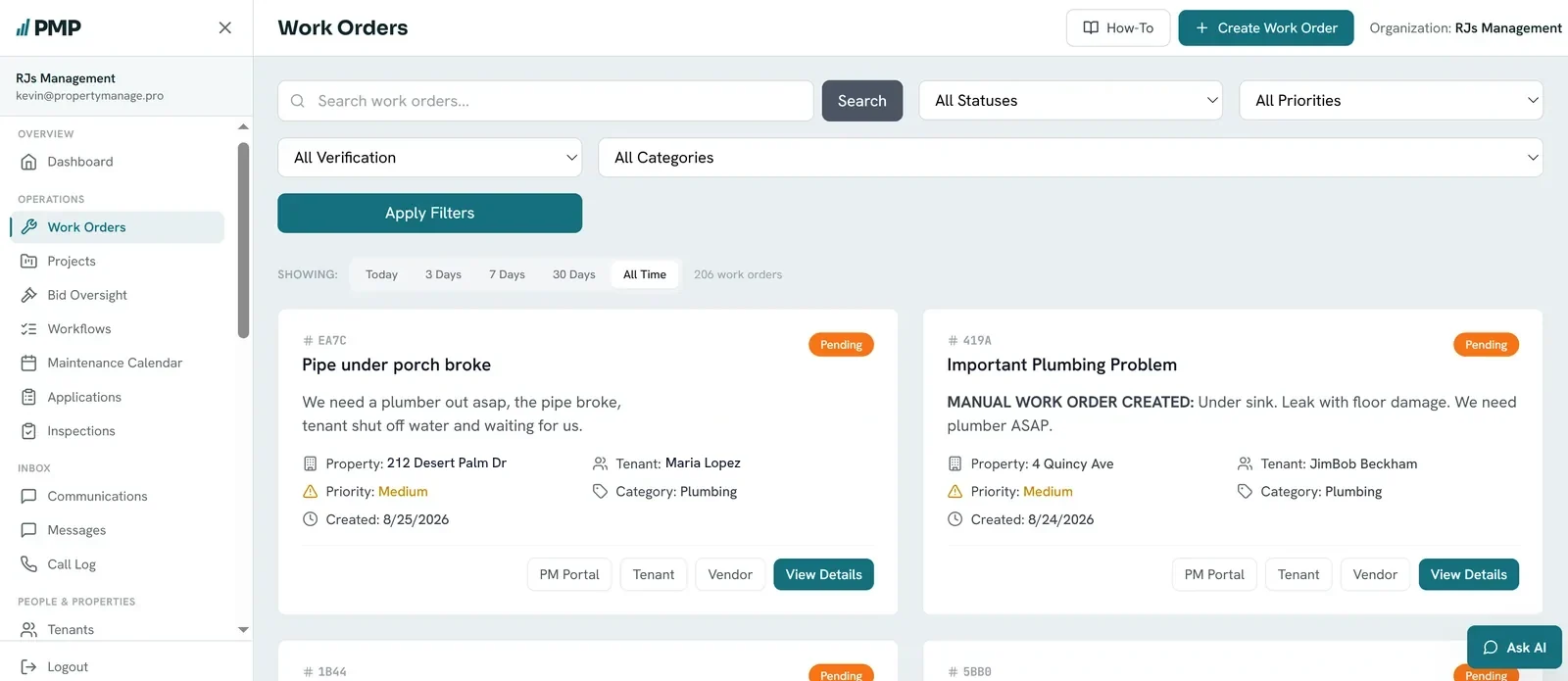 PMP work orders list with filters for status, priority, verification and category, and work order cards linking to the PM, tenant and vendor portals