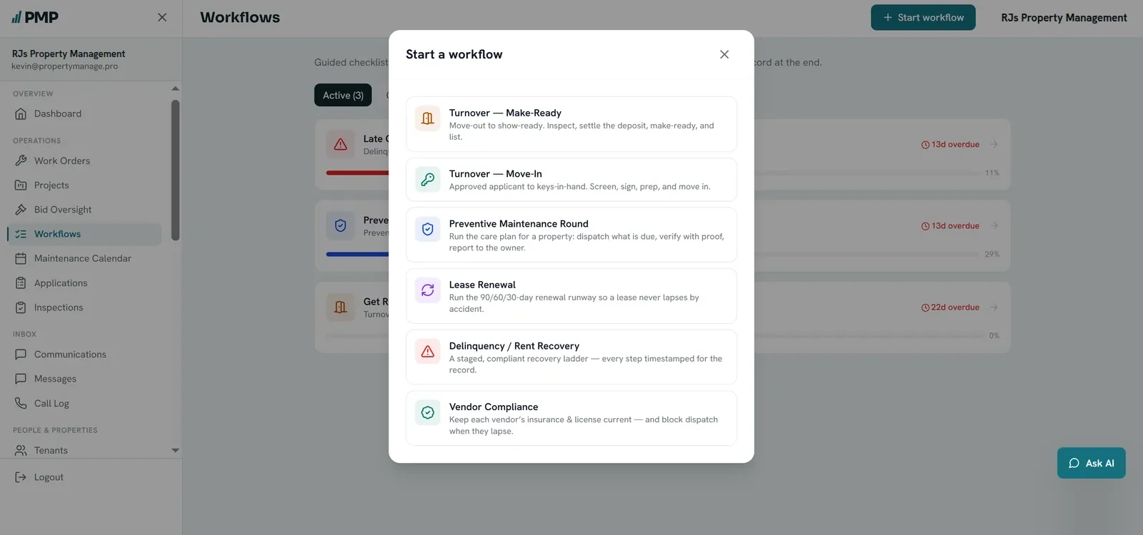 Starting a workflow in PMP: turnover, move-in, preventive maintenance, lease renewal, delinquency and vendor compliance
