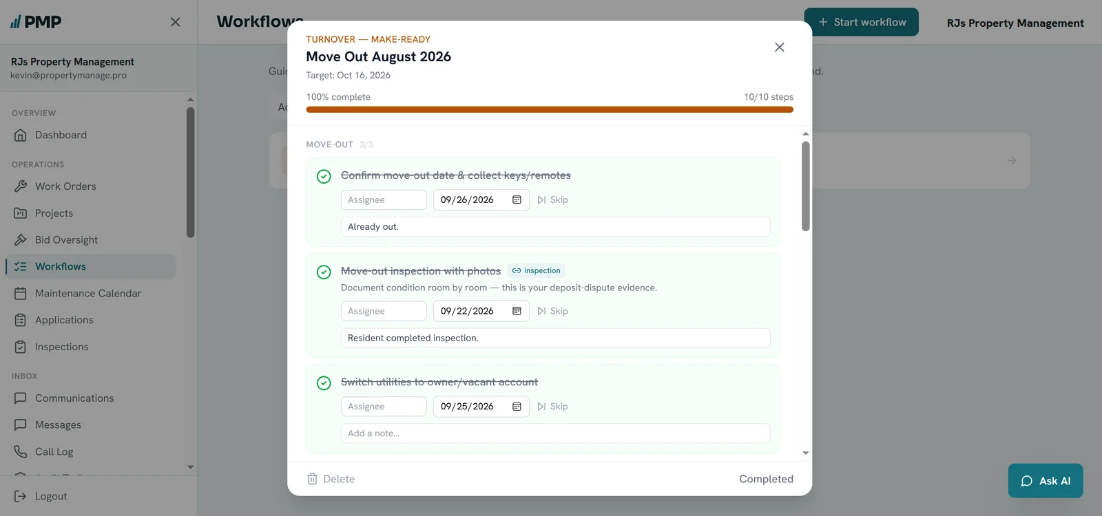 A move-out turnover workflow, all 10 steps complete