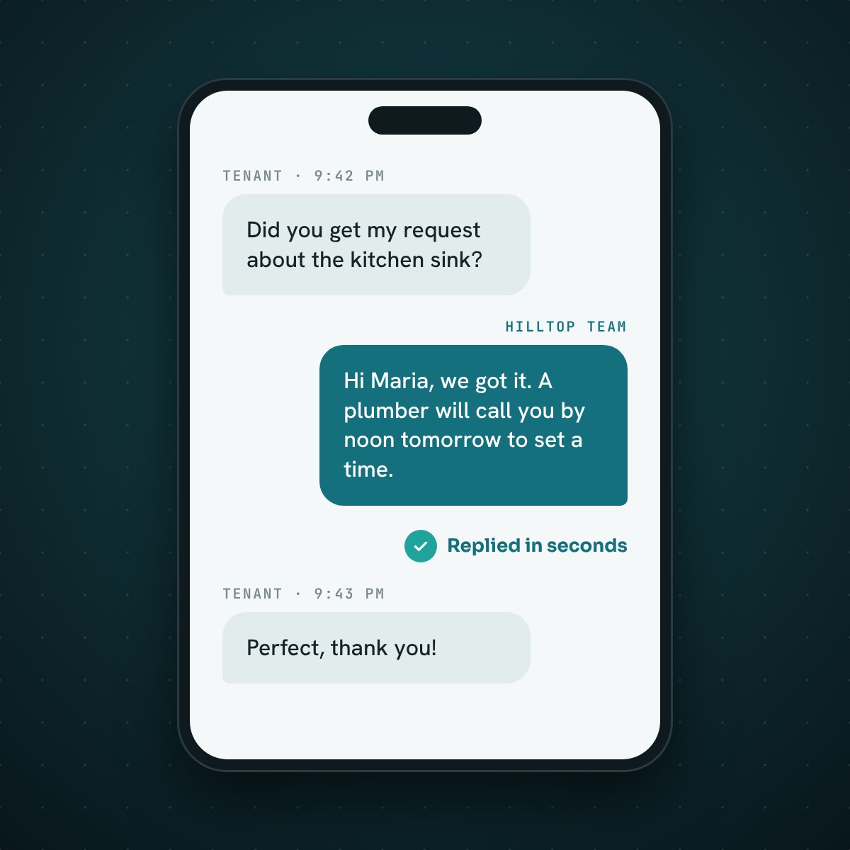 A tenant’s text message and a friendly AI reply with a property manager’s approval check