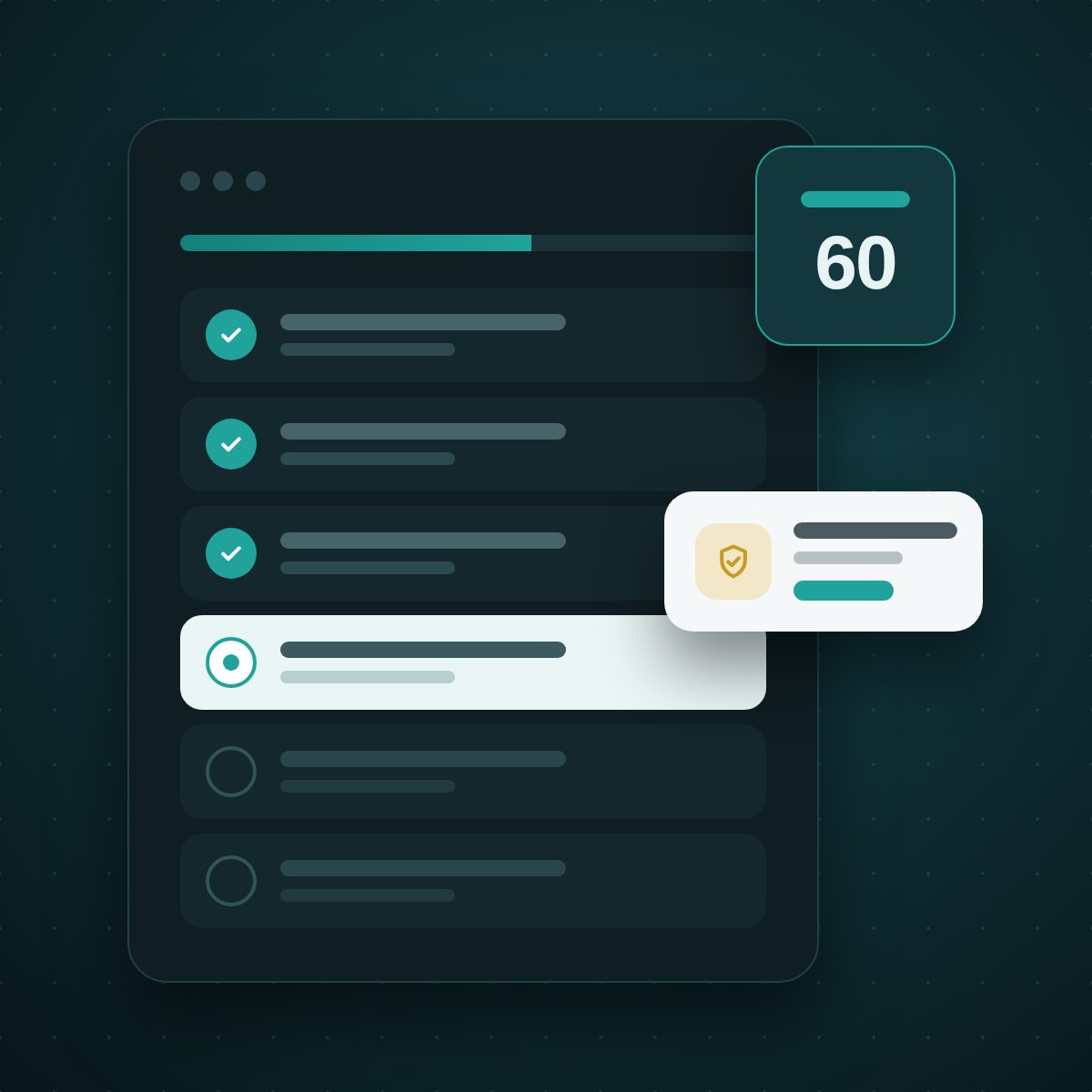 A workflow checklist with three steps done, one in progress and an approval card waiting on a property manager