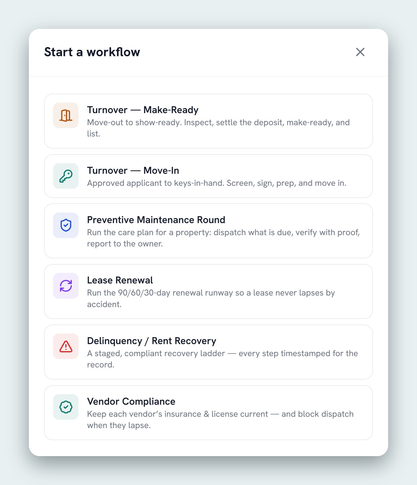 The Start a workflow screen in PMP listing six workflows: Turnover Make-Ready, Turnover Move-In, Preventive Maintenance Round, Lease Renewal, Delinquency and Rent Recovery, and Vendor Compliance