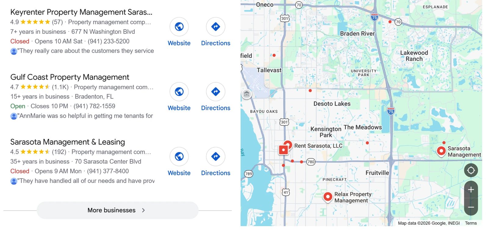 A Google Map Pack for a property management search: three companies listed with star ratings, review counts, hours and phone numbers, next to a map of the area