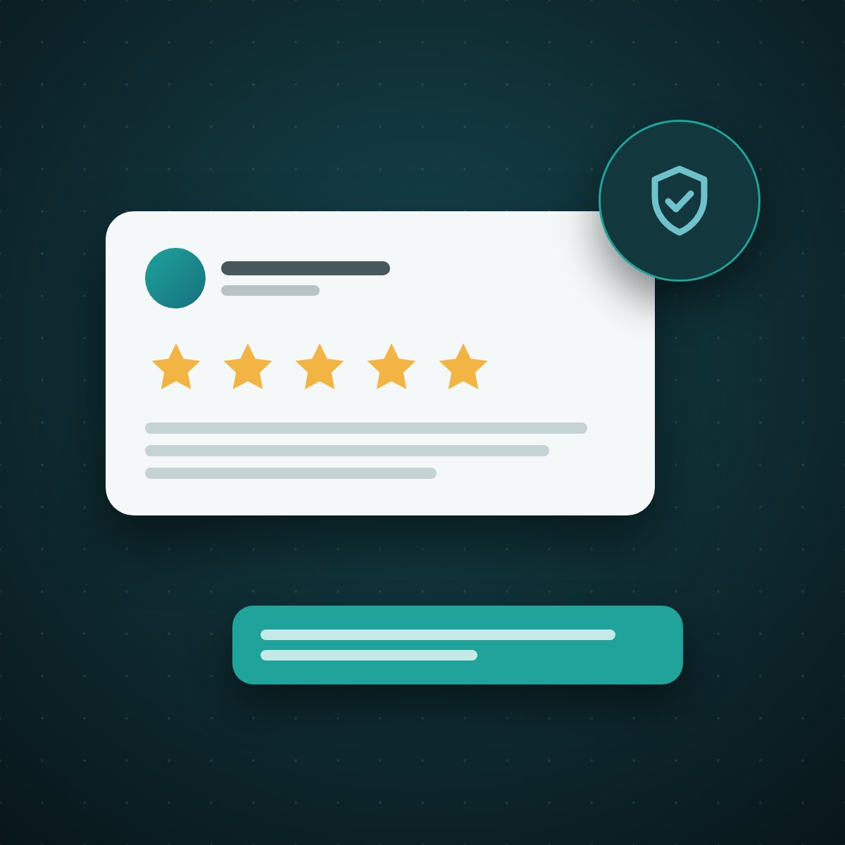 A Google review card with five stars and a shield with a check mark