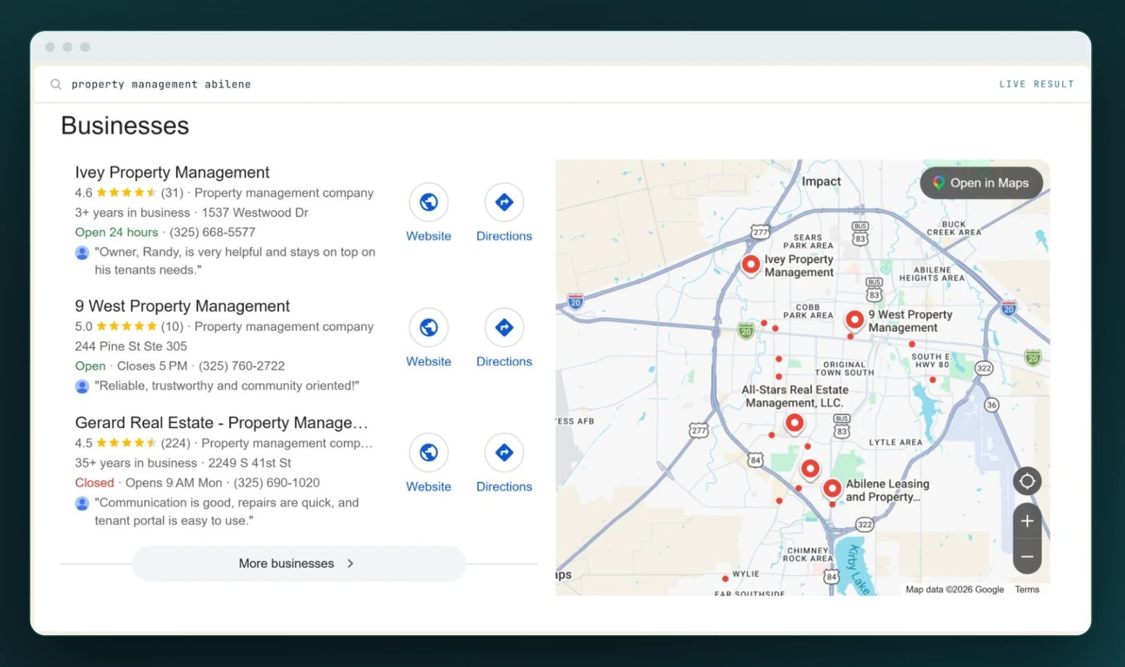 A live Google result for property management abilene: three property management companies with ratings, hours and phone numbers beside a map, and a More businesses button below
