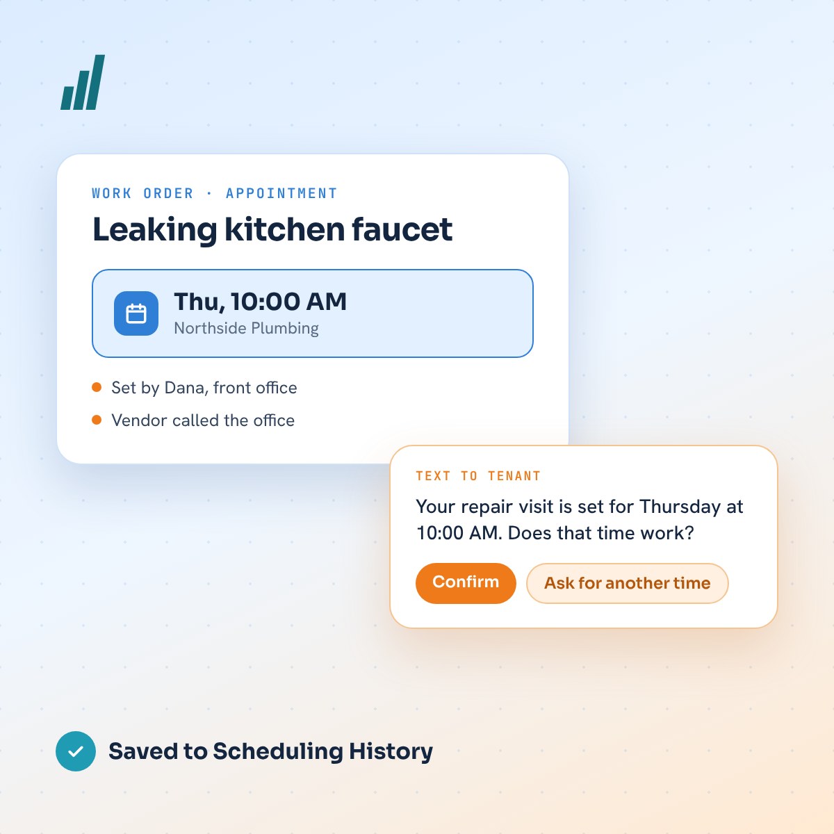 A work order appointment card with a visit time set by the property manager and a tenant confirmation text