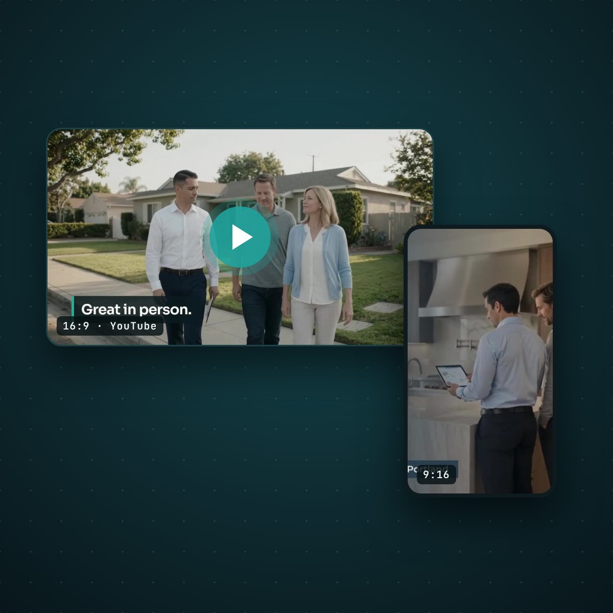 A wide YouTube video frame and a vertical phone video frame with a play button, made by PMP Video Studio
