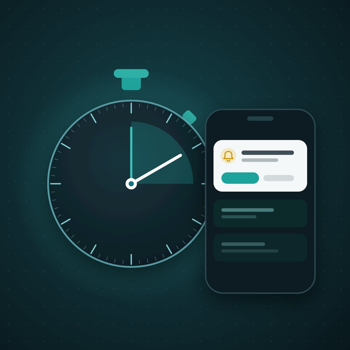 A stopwatch beside a phone showing a new owner lead alert