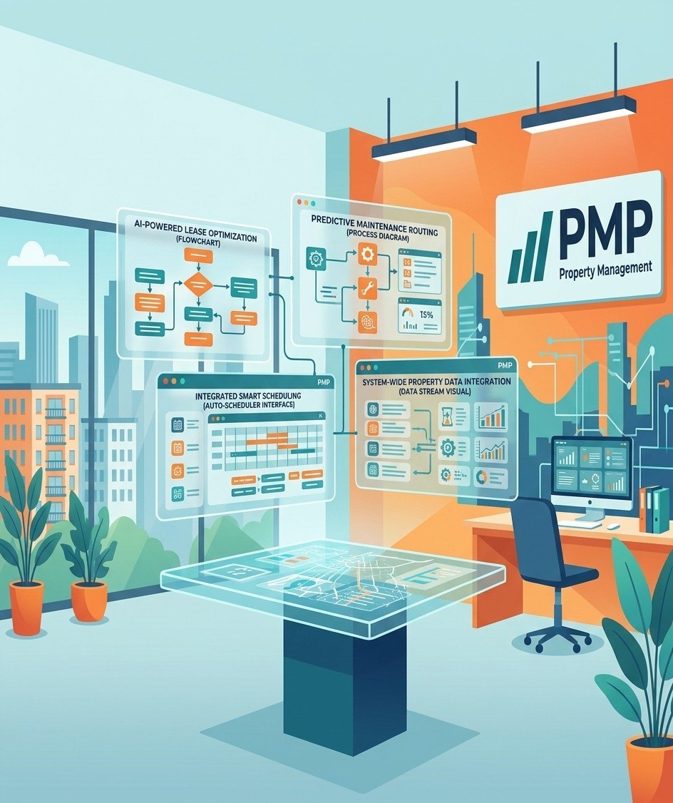 A PMP property management office with floating AI panels for lease optimization, maintenance routing, smart scheduling and property data