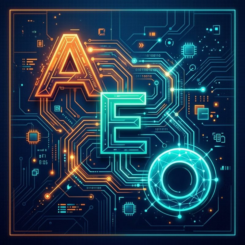 The letters AEO in glowing orange and aqua over a circuit-board pattern